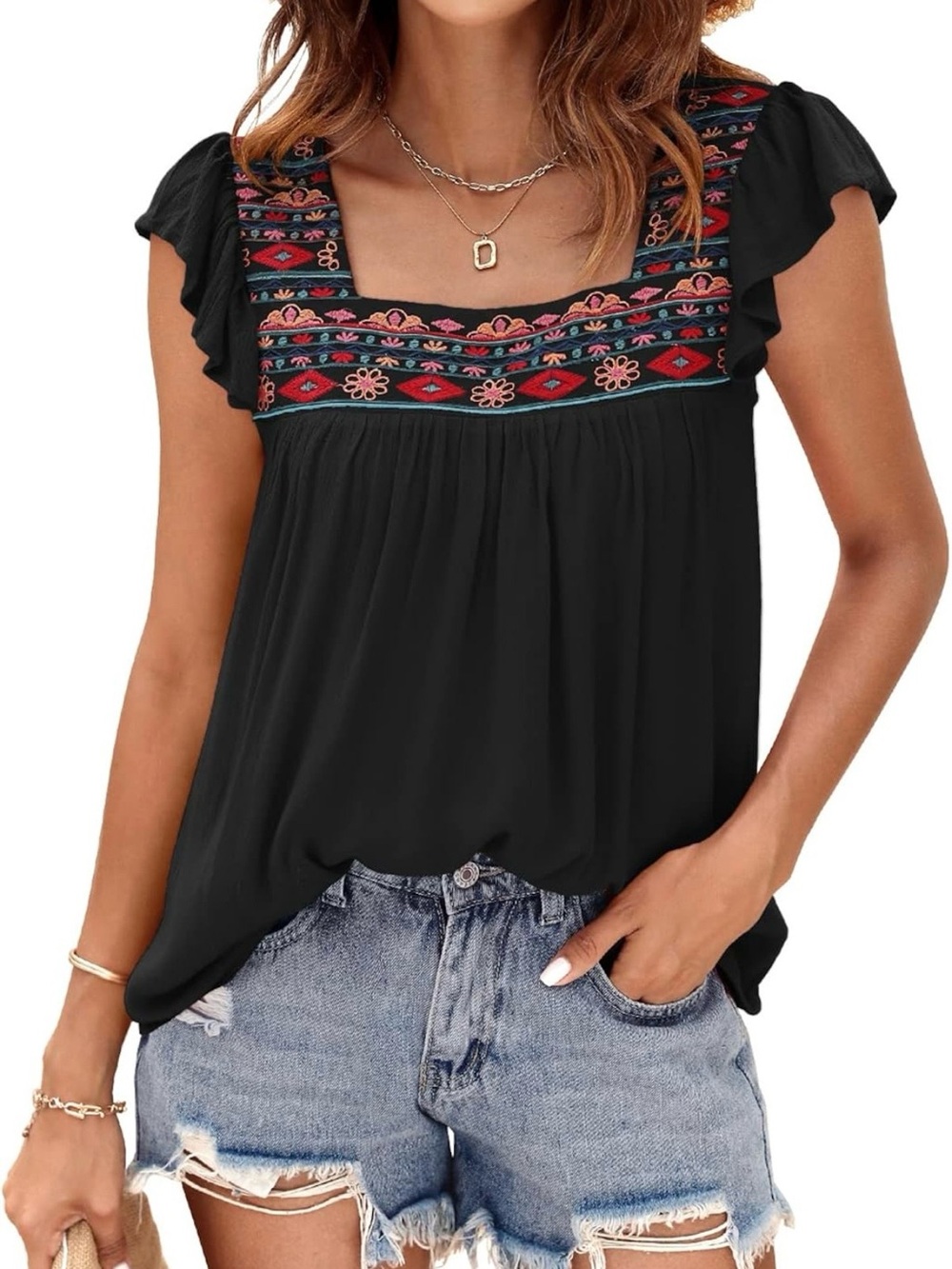 Embroidered Square Neck Flutter Sleeve Top - Black